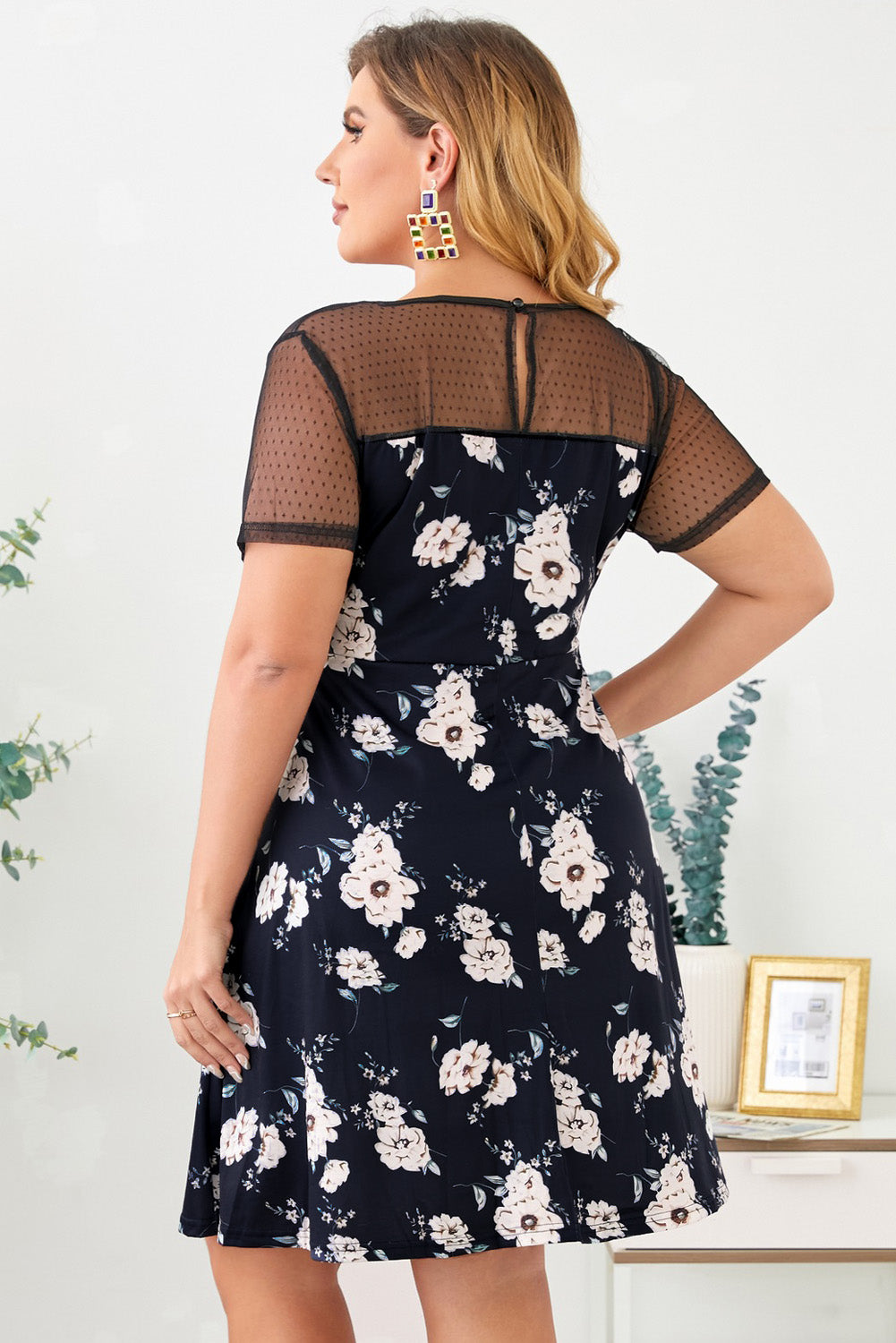 Plus Size Floral Polka Dot Mesh Yoke Dress