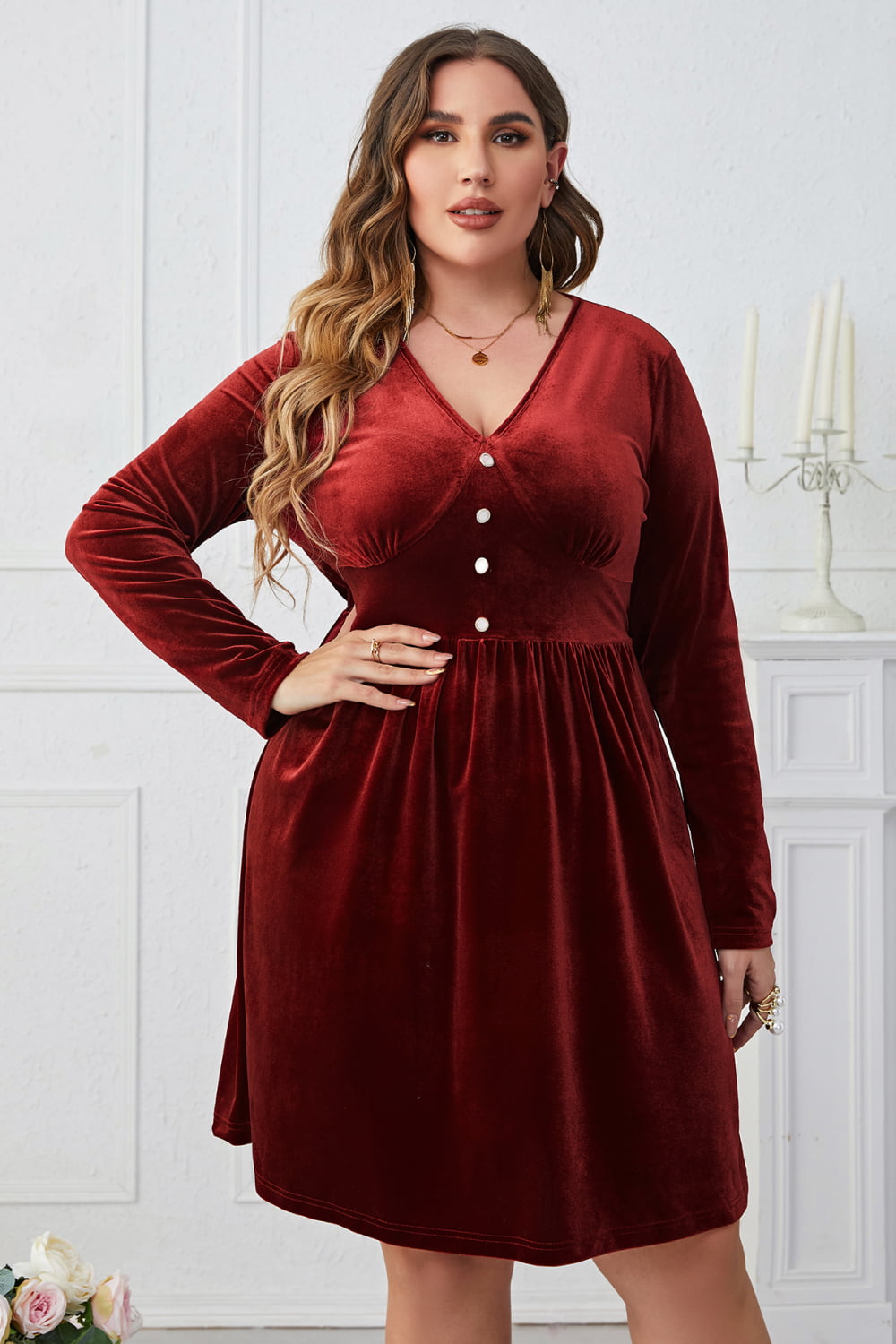 Plus Size V-Neck Decorative Button Knee Length Dress