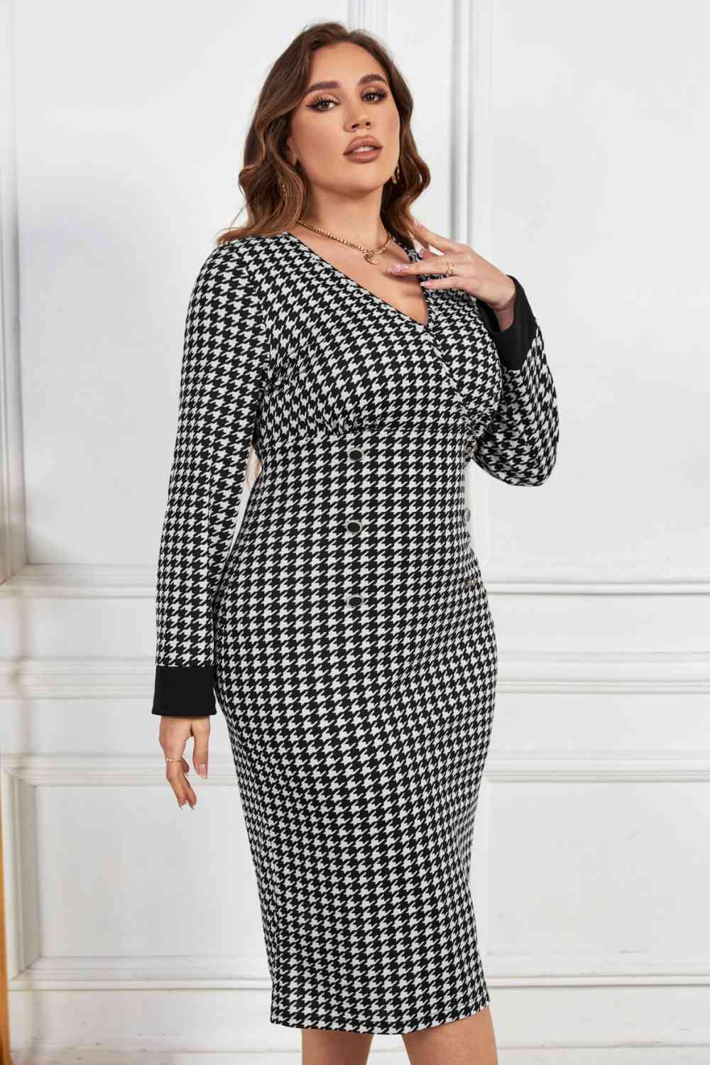 Melo Apparel Plus Size Houndstooth V-Neck Midi Dress